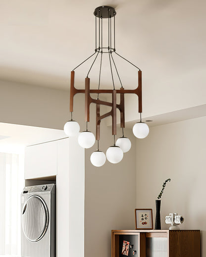 Wooden Multi-Arm Hanging Light Fixture White Glass Globes Adjustable Height Cable 2-6 Bulb Dining Room Ceiling Lighting Modern Farmhouse Ind