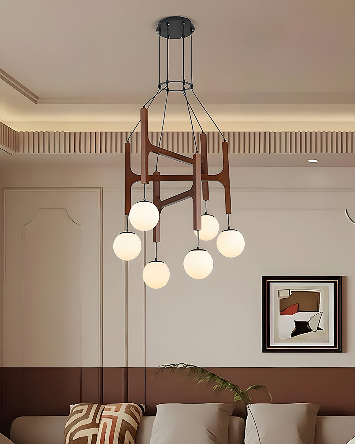 Wooden Multi-Arm Hanging Light Fixture White Glass Globes Adjustable Height Cable 2-6 Bulb Dining Room Ceiling Lighting Modern Farmhouse Ind