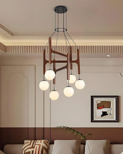 Wooden Multi-Arm Hanging Light Fixture White Glass Globes Adjustable Height Cable 2-6 Bulb Dining Room Ceiling Lighting Modern Farmhouse Ind