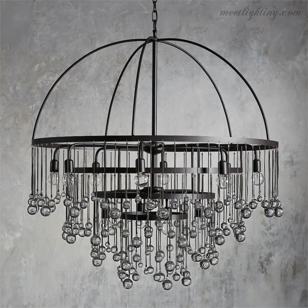 12-Light Hanging Fixture with Stacked Glass Beads in 3 Finishes – Grand Foyer Lighting for High Ceilings