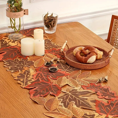 Aurelia Table Runner - Embroidered Autumn Leaves, Woven Microfiber