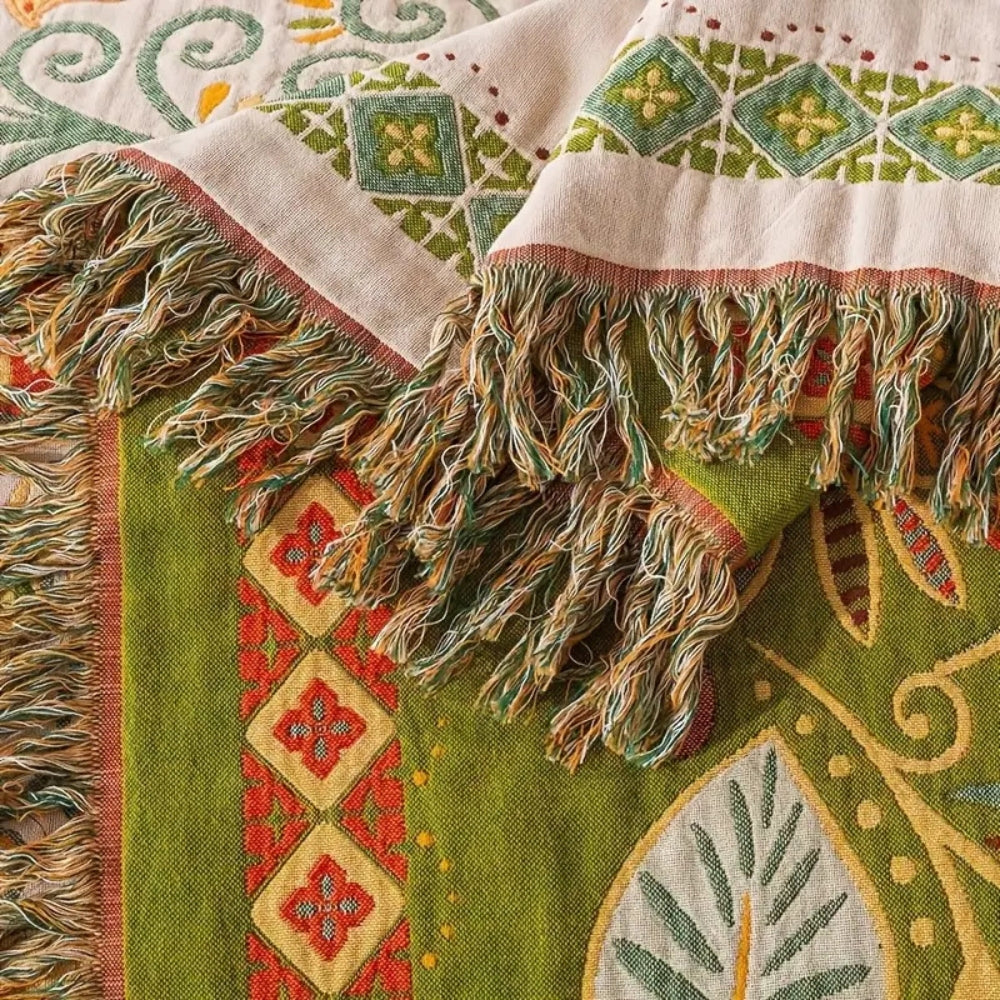 Reversible Cotton Gauze Throw Blanket with Tassels – Floral Boho Design for Couch, Bed & Living Room Decor