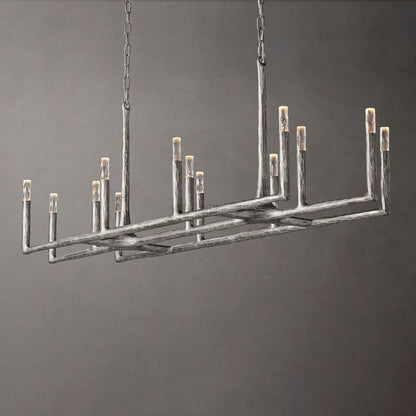 Linear Chandelier with Hand-Forged Metal Frame & Glass Shades for Dining Room