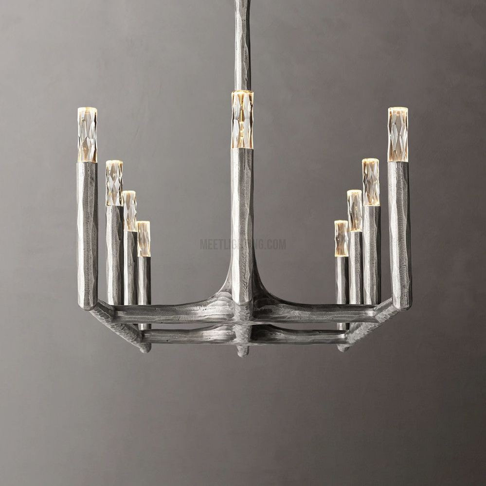 Linear Chandelier with Hand-Forged Metal Frame & Glass Shades for Dining Room