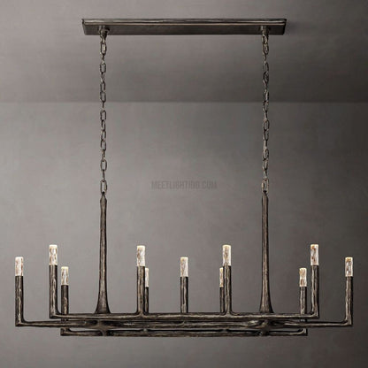 Linear Chandelier with Hand-Forged Metal Frame & Glass Shades for Dining Room