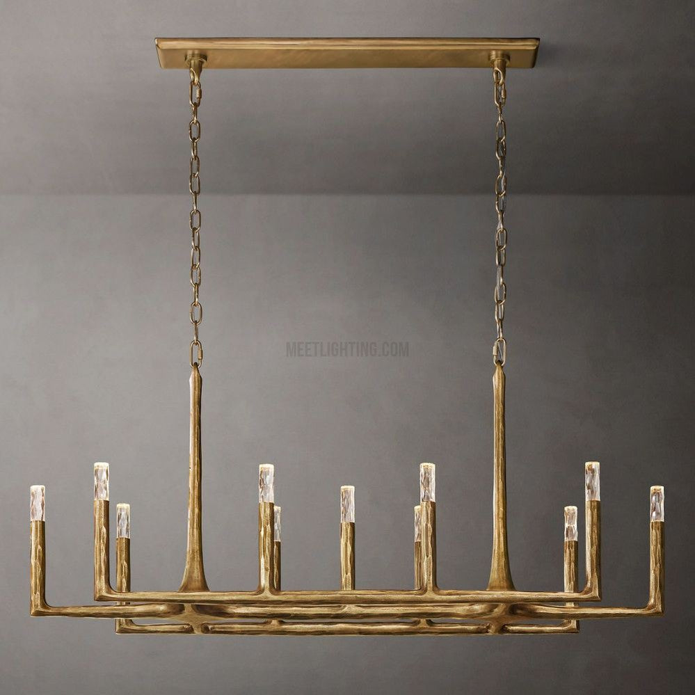 Linear Chandelier with Hand-Forged Metal Frame & Glass Shades for Dining Room