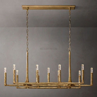 Linear Chandelier with Hand-Forged Metal Frame & Glass Shades for Dining Room