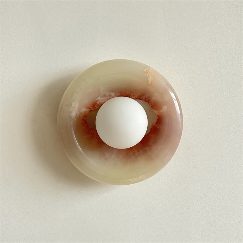Round Glass Wall Sconce with Curved Marble Backplate for Living Room, Bedroom & Hallway – Hardwired Modern Indoor Light Fixture