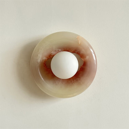 Round Glass Wall Sconce with Curved Marble Backplate for Living Room, Bedroom & Hallway – Hardwired Modern Indoor Light Fixture