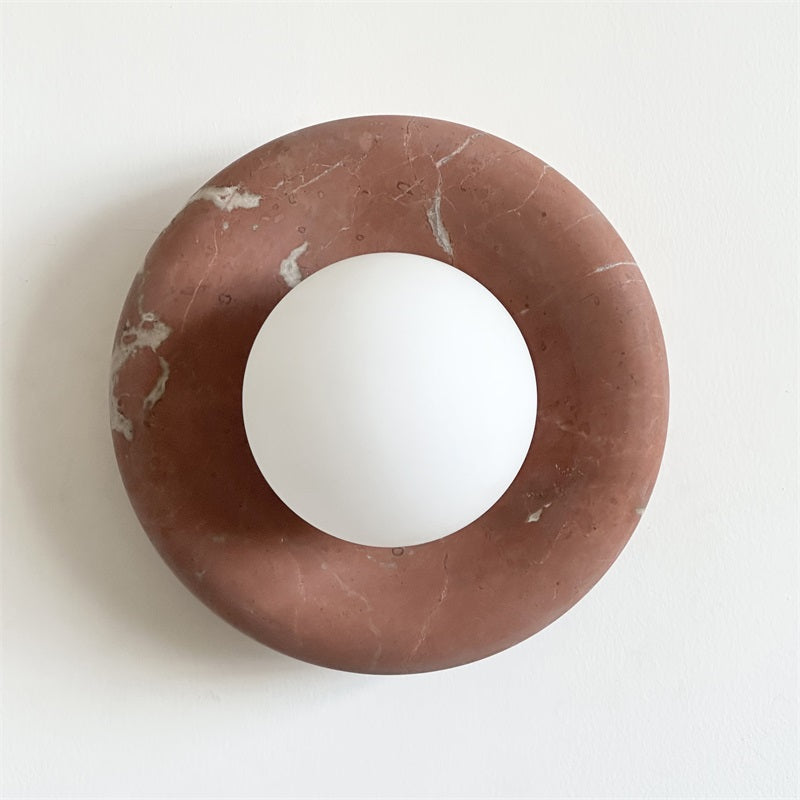 Round Glass Wall Sconce with Curved Marble Backplate for Living Room, Bedroom & Hallway – Hardwired Modern Indoor Light Fixture