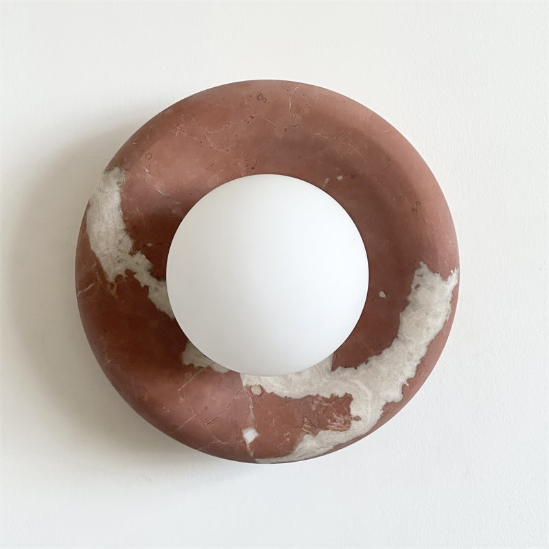 Round Glass Wall Sconce with Curved Marble Backplate for Living Room, Bedroom & Hallway – Hardwired Modern Indoor Light Fixture