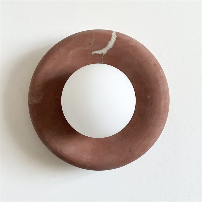Round Glass Wall Sconce with Curved Marble Backplate for Living Room, Bedroom & Hallway – Hardwired Modern Indoor Light Fixture