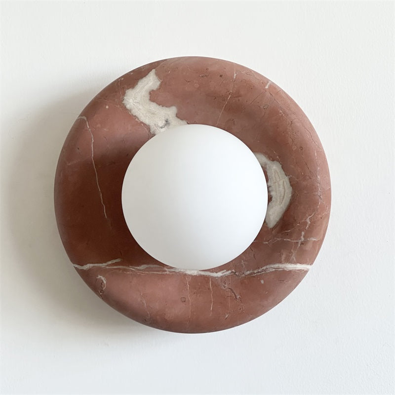 Round Glass Wall Sconce with Curved Marble Backplate for Living Room, Bedroom & Hallway – Hardwired Modern Indoor Light Fixture