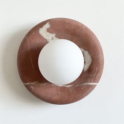 Round Glass Wall Sconce with Curved Marble Backplate for Living Room, Bedroom & Hallway – Hardwired Modern Indoor Light Fixture