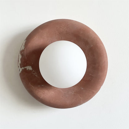 Round Glass Wall Sconce with Curved Marble Backplate for Living Room, Bedroom & Hallway – Hardwired Modern Indoor Light Fixture