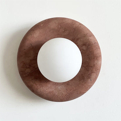 Round Glass Wall Sconce with Curved Marble Backplate for Living Room, Bedroom & Hallway – Hardwired Modern Indoor Light Fixture