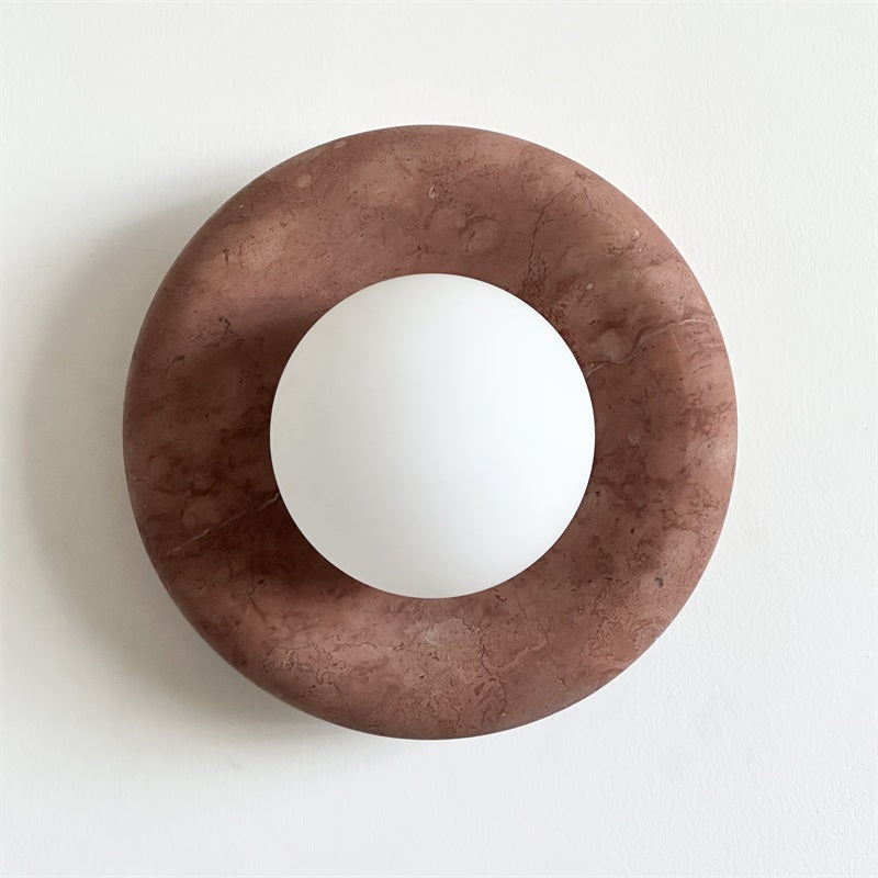 Round Glass Wall Sconce with Curved Marble Backplate for Living Room, Bedroom & Hallway – Hardwired Modern Indoor Light Fixture