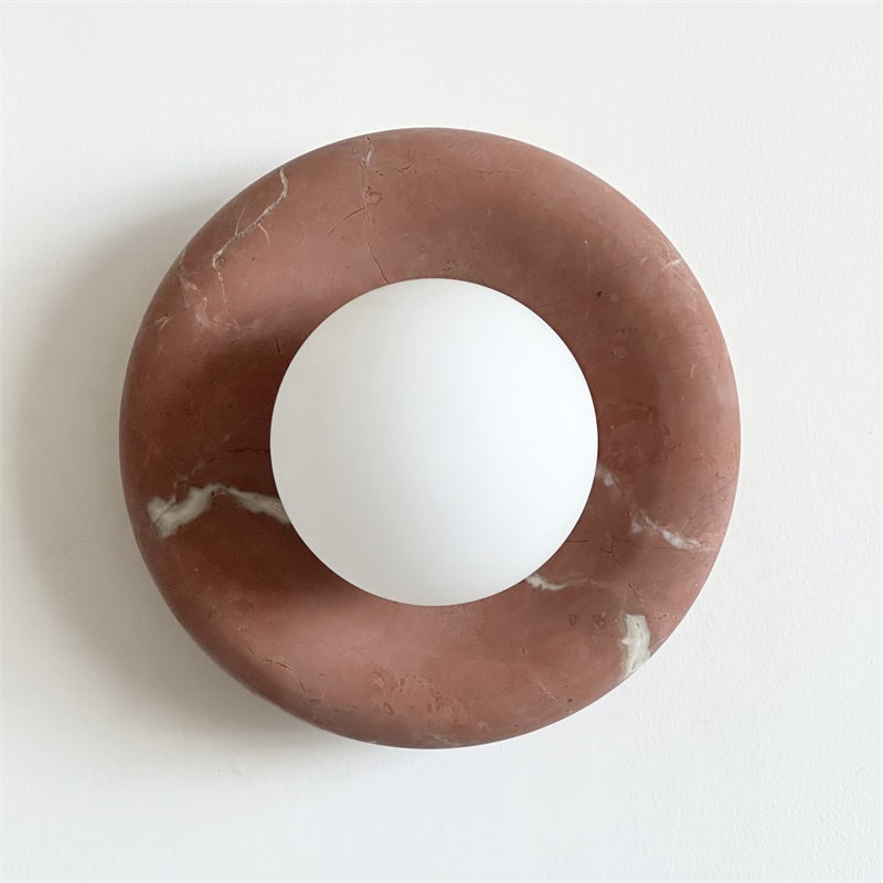 Round Glass Wall Sconce with Curved Marble Backplate for Living Room, Bedroom & Hallway – Hardwired Modern Indoor Light Fixture