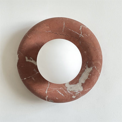 Round Glass Wall Sconce with Curved Marble Backplate for Living Room, Bedroom & Hallway – Hardwired Modern Indoor Light Fixture