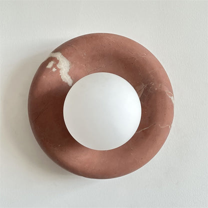 Round Glass Wall Sconce with Curved Marble Backplate for Living Room, Bedroom & Hallway – Hardwired Modern Indoor Light Fixture