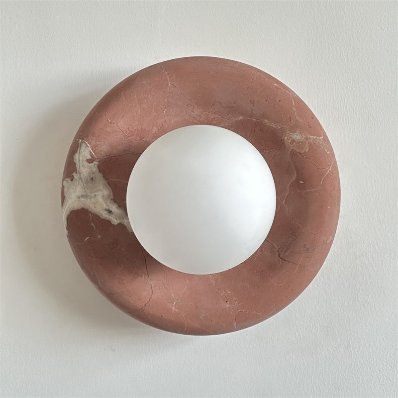 Round Glass Wall Sconce with Curved Marble Backplate for Living Room, Bedroom & Hallway – Hardwired Modern Indoor Light Fixture