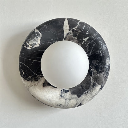 Round Glass Wall Sconce with Curved Marble Backplate for Living Room, Bedroom & Hallway – Hardwired Modern Indoor Light Fixture