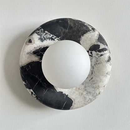 Round Glass Wall Sconce with Curved Marble Backplate for Living Room, Bedroom & Hallway – Hardwired Modern Indoor Light Fixture
