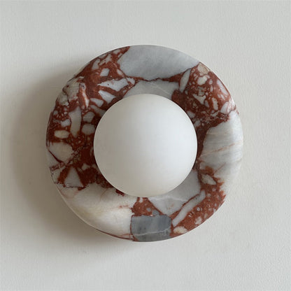 Round Glass Wall Sconce with Curved Marble Backplate for Living Room, Bedroom & Hallway – Hardwired Modern Indoor Light Fixture