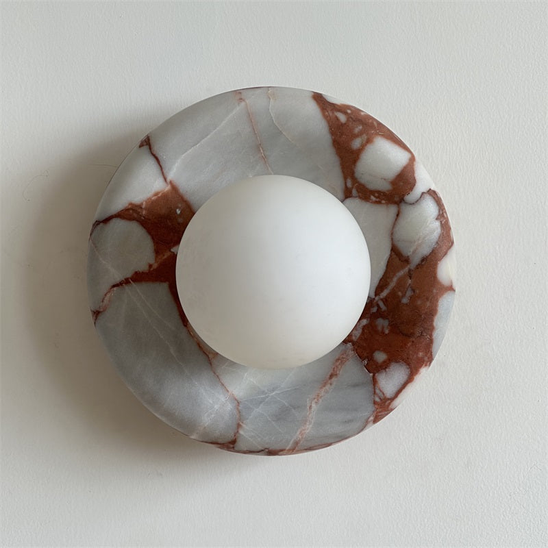Round Glass Wall Sconce with Curved Marble Backplate for Living Room, Bedroom & Hallway – Hardwired Modern Indoor Light Fixture