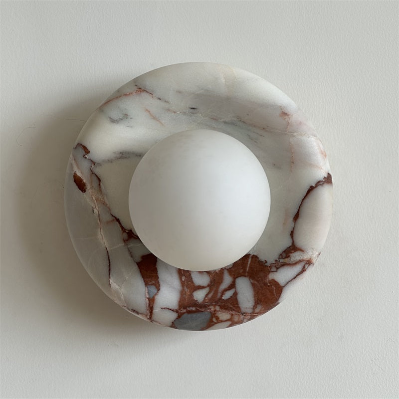 Round Glass Wall Sconce with Curved Marble Backplate for Living Room, Bedroom & Hallway – Hardwired Modern Indoor Light Fixture