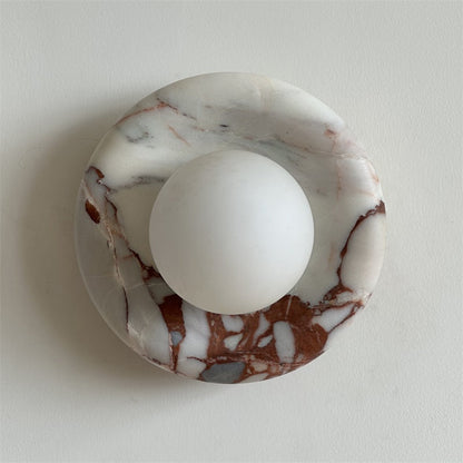 Round Glass Wall Sconce with Curved Marble Backplate for Living Room, Bedroom & Hallway – Hardwired Modern Indoor Light Fixture