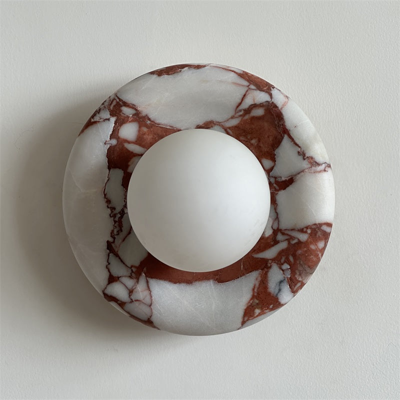 Round Glass Wall Sconce with Curved Marble Backplate for Living Room, Bedroom & Hallway – Hardwired Modern Indoor Light Fixture