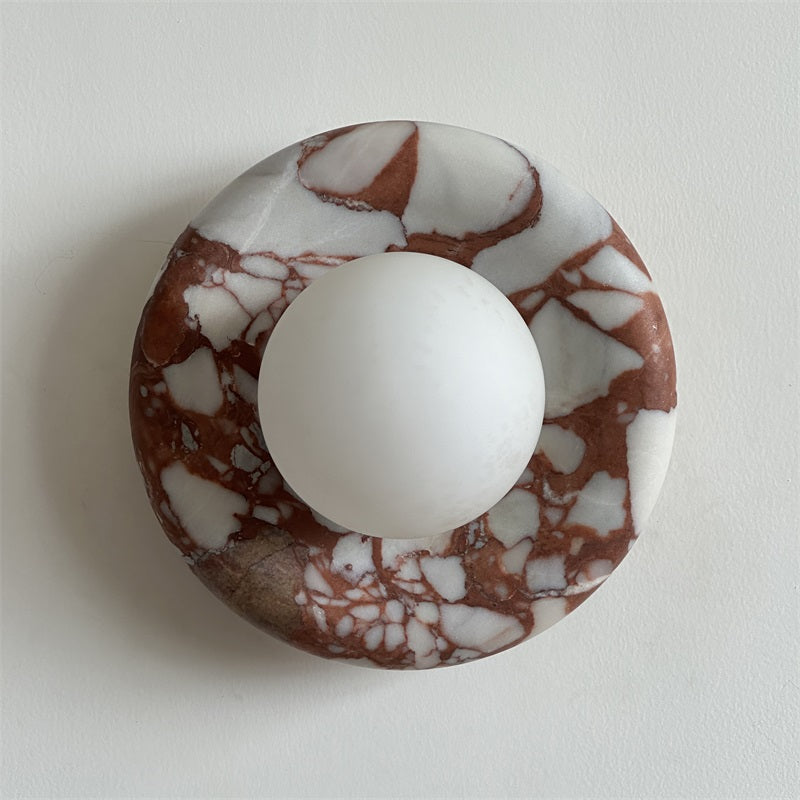 Round Glass Wall Sconce with Curved Marble Backplate for Living Room, Bedroom & Hallway – Hardwired Modern Indoor Light Fixture