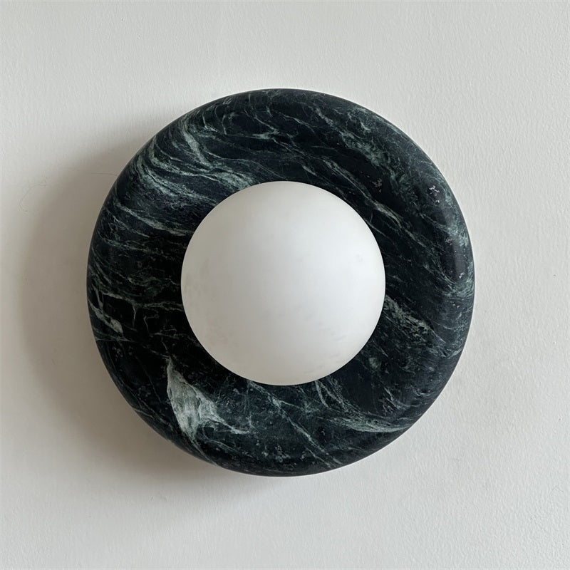 Round Glass Wall Sconce with Curved Marble Backplate for Living Room, Bedroom & Hallway – Hardwired Modern Indoor Light Fixture