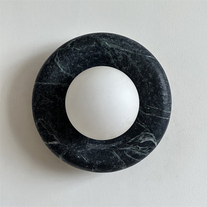 Round Glass Wall Sconce with Curved Marble Backplate for Living Room, Bedroom & Hallway – Hardwired Modern Indoor Light Fixture