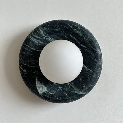 Round Glass Wall Sconce with Curved Marble Backplate for Living Room, Bedroom & Hallway – Hardwired Modern Indoor Light Fixture