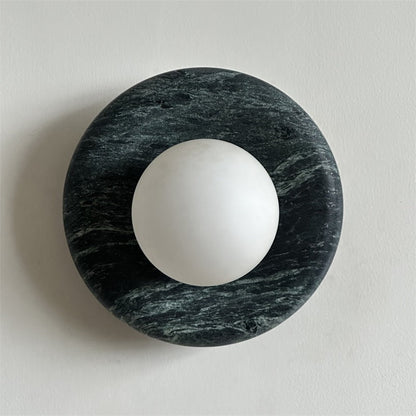 Round Glass Wall Sconce with Curved Marble Backplate for Living Room, Bedroom & Hallway – Hardwired Modern Indoor Light Fixture