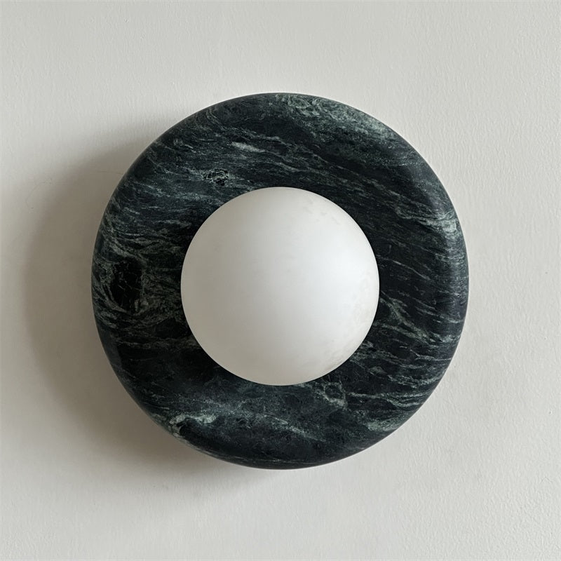 Round Glass Wall Sconce with Curved Marble Backplate for Living Room, Bedroom & Hallway – Hardwired Modern Indoor Light Fixture