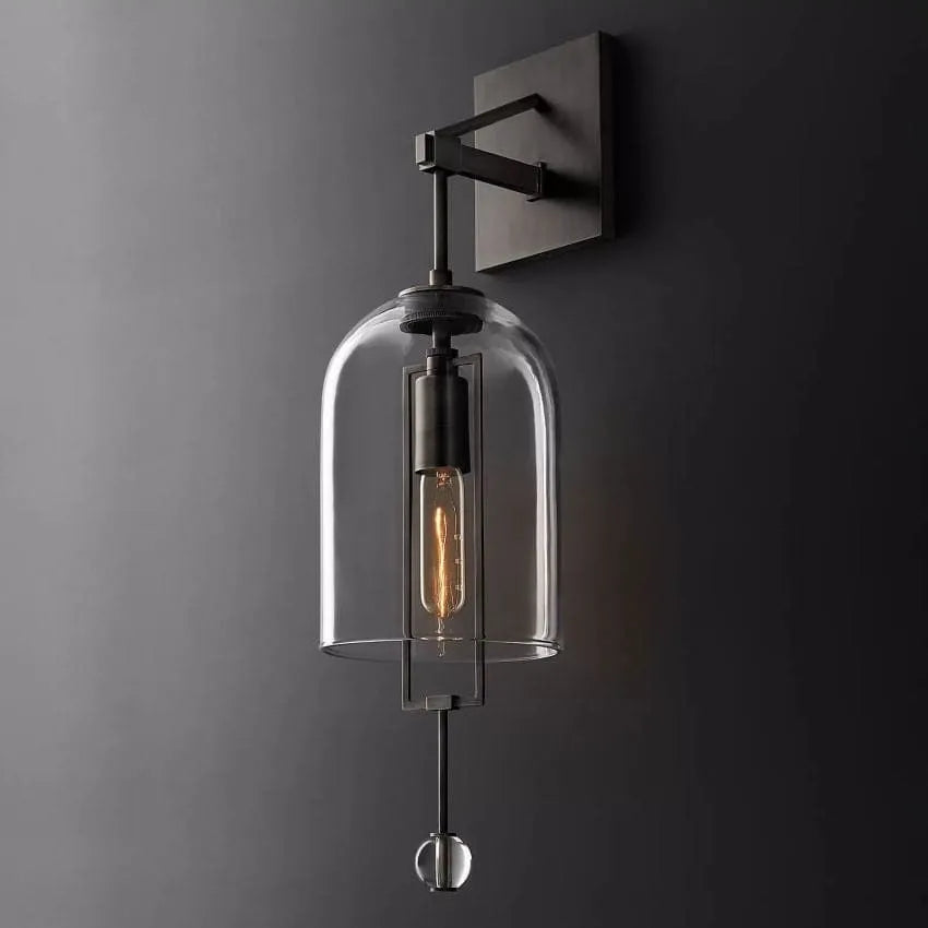 Modern Glass Globe Wall Light with Geometric Frame – Vintage Brass, Bronze & Satin Nickel – 23 or 29 Inch Height – Sculptural Sconce for