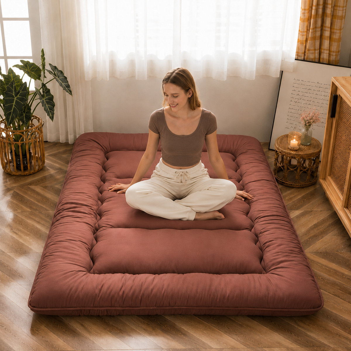 Foldable Floor Mattress 4-Inch Thick Quilted Sleeping Pad Roll-Up Guest Bed Tatami-Style Mat for Bedroom Dorm Meditation Adults Kids