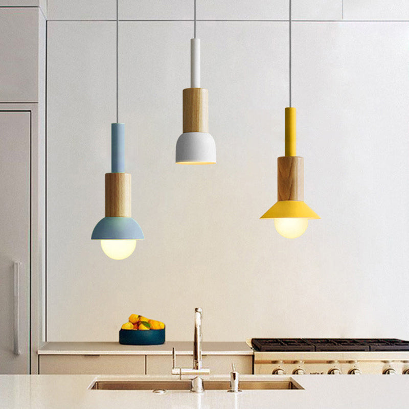 Wooden Pendant Light with Colorful Shade Scandinavian Modern Ceiling Fixture for Kitchen Dining Room Bedroom E26 Hardwired