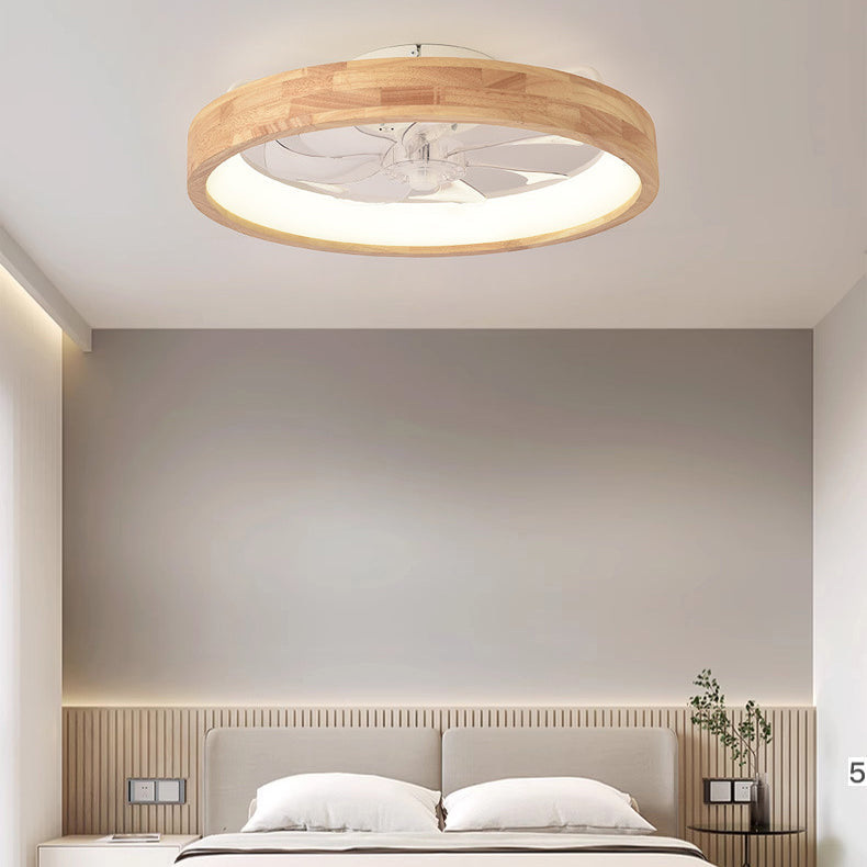 Ceiling Fan with Light Flush Mount LED Dimmable 20 Inch Round Wood Finish Quiet Motor for Bedroom Living Room Low Profile Japanese Style