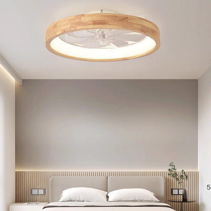 Ceiling Fan with Light Flush Mount LED Dimmable 20 Inch Round Wood Finish Quiet Motor for Bedroom Living Room Low Profile Japanese Style