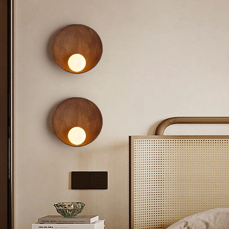 Circular Glass Shade Wall Light Fixture Hardwired Single Bulb White Wood Tone for Bedroom Living Room Hallway Staircase Entryway Ambient
