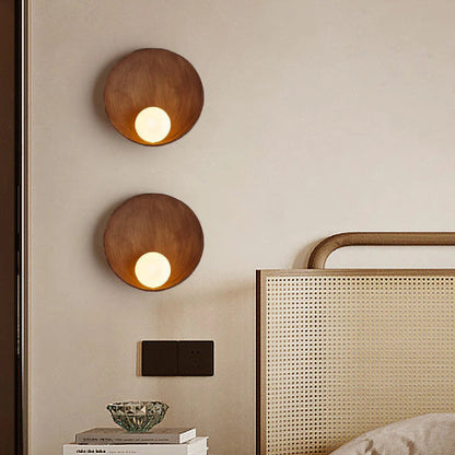 Circular Glass Shade Wall Light Fixture Hardwired Single Bulb White Wood Tone for Bedroom Living Room Hallway Staircase Entryway Ambient