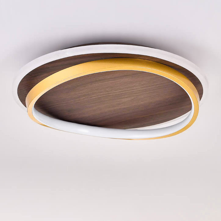 Round Flush Mount Ceiling Light with Wood-Grain Finish & Integrated LED for Living Room, Bedroom, Kitchen