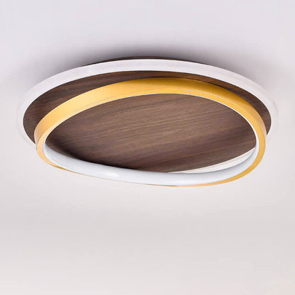 Round Flush Mount Ceiling Light with Wood-Grain Finish & Integrated LED for Living Room, Bedroom, Kitchen