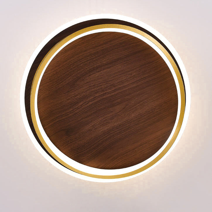 Round Flush Mount Ceiling Light with Wood-Grain Finish & Integrated LED for Living Room, Bedroom, Kitchen