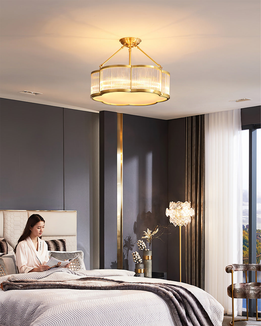 Brass Glass Flush Mount Ceiling Light 20 Inch Quatrefoil Design for Bedroom Living Room Dining Room Indoor Lighting Fixture