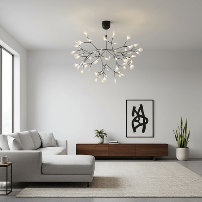 Branching LED Chandelier with Acrylic Petals Black Finish 20W Integrated Light Dimmable Remote Option Modern Statement Fixture Indoor Living